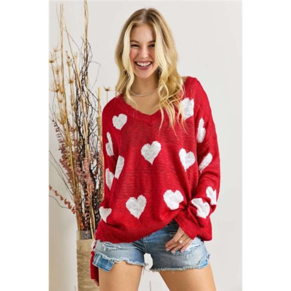 ADORA Full Size Heart V-Neck Knit Top Plus Size